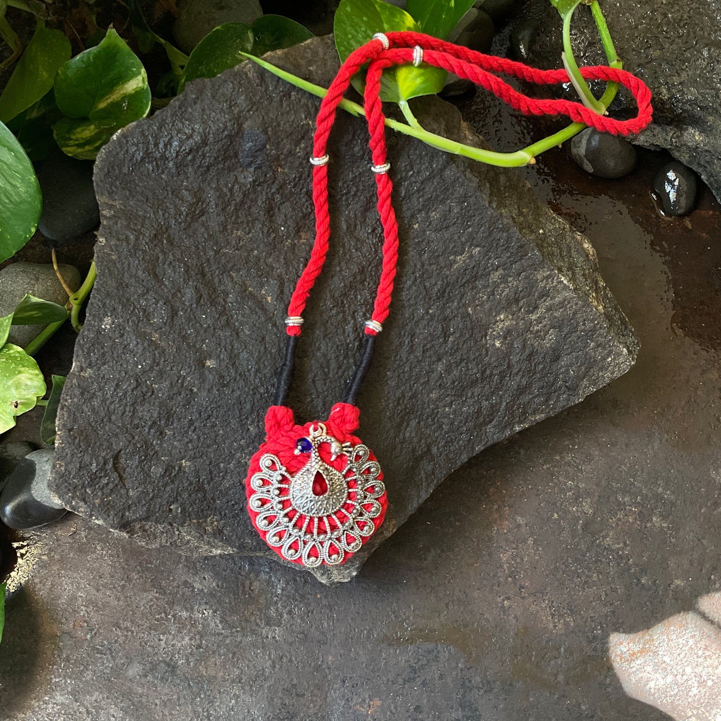 Red Macrame Peacock Pendant Necklace