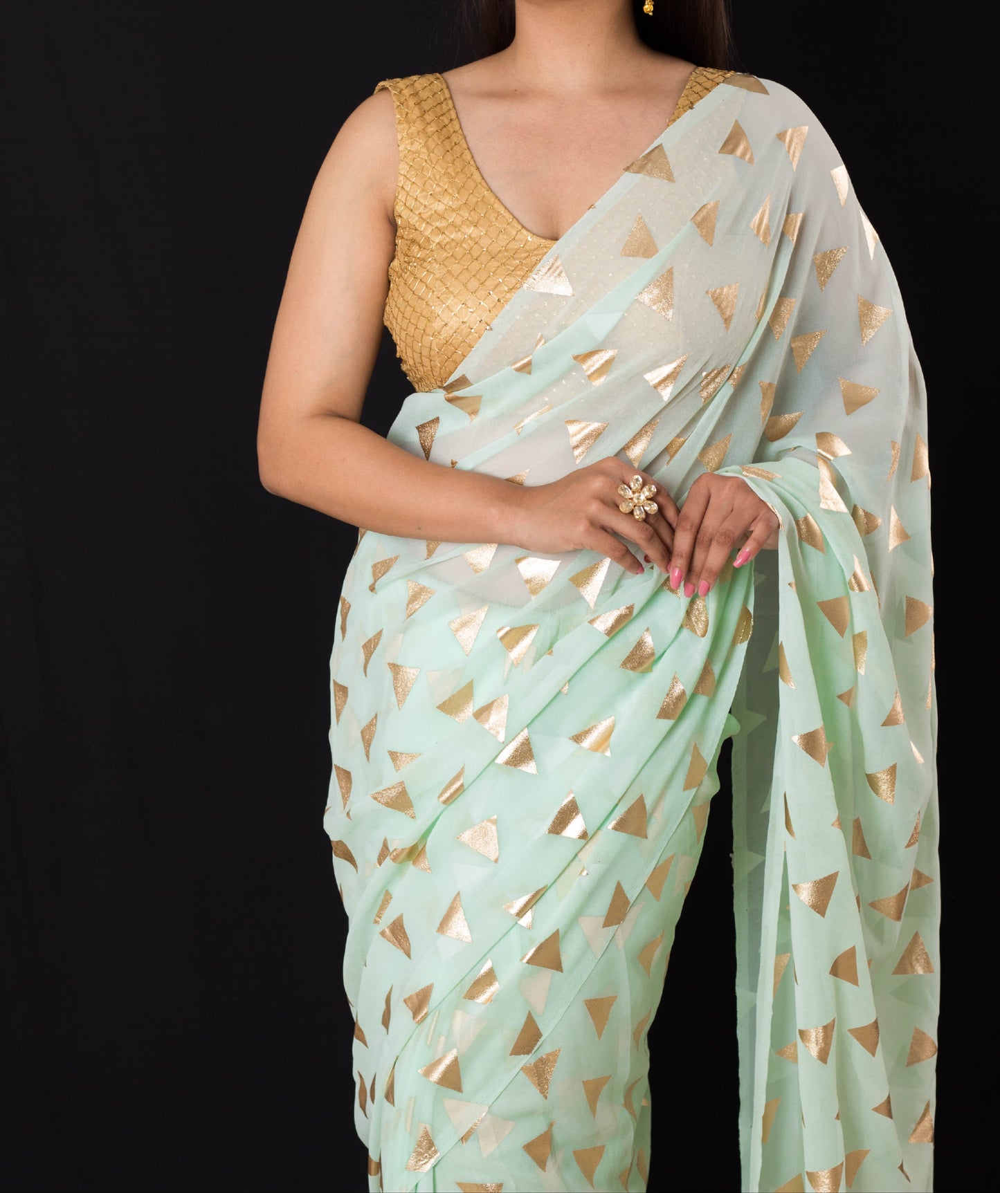 Foil Print Georgette Saree - Pastel Shades with Lily Silk Accents