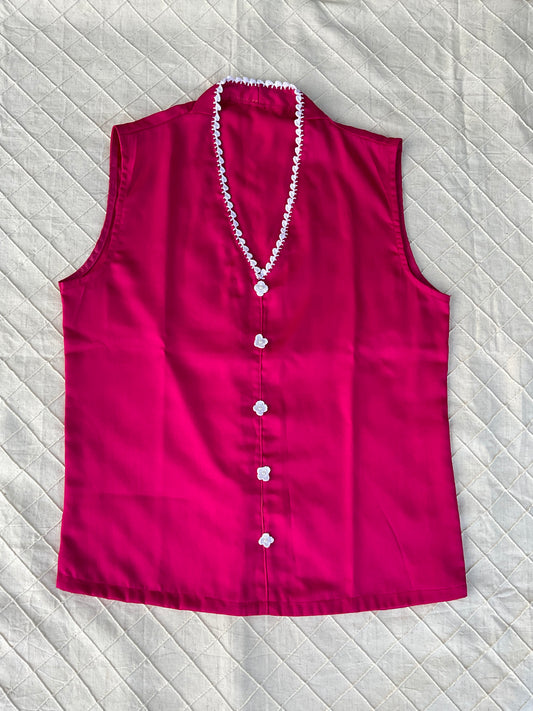 Pink Crochet-Front Silk Cotton Sleeveless Top
