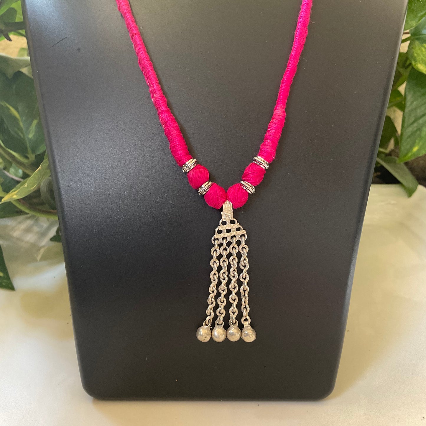Rani Pink Handcrafted Thread Necklace with Oxidised Silver Tassel