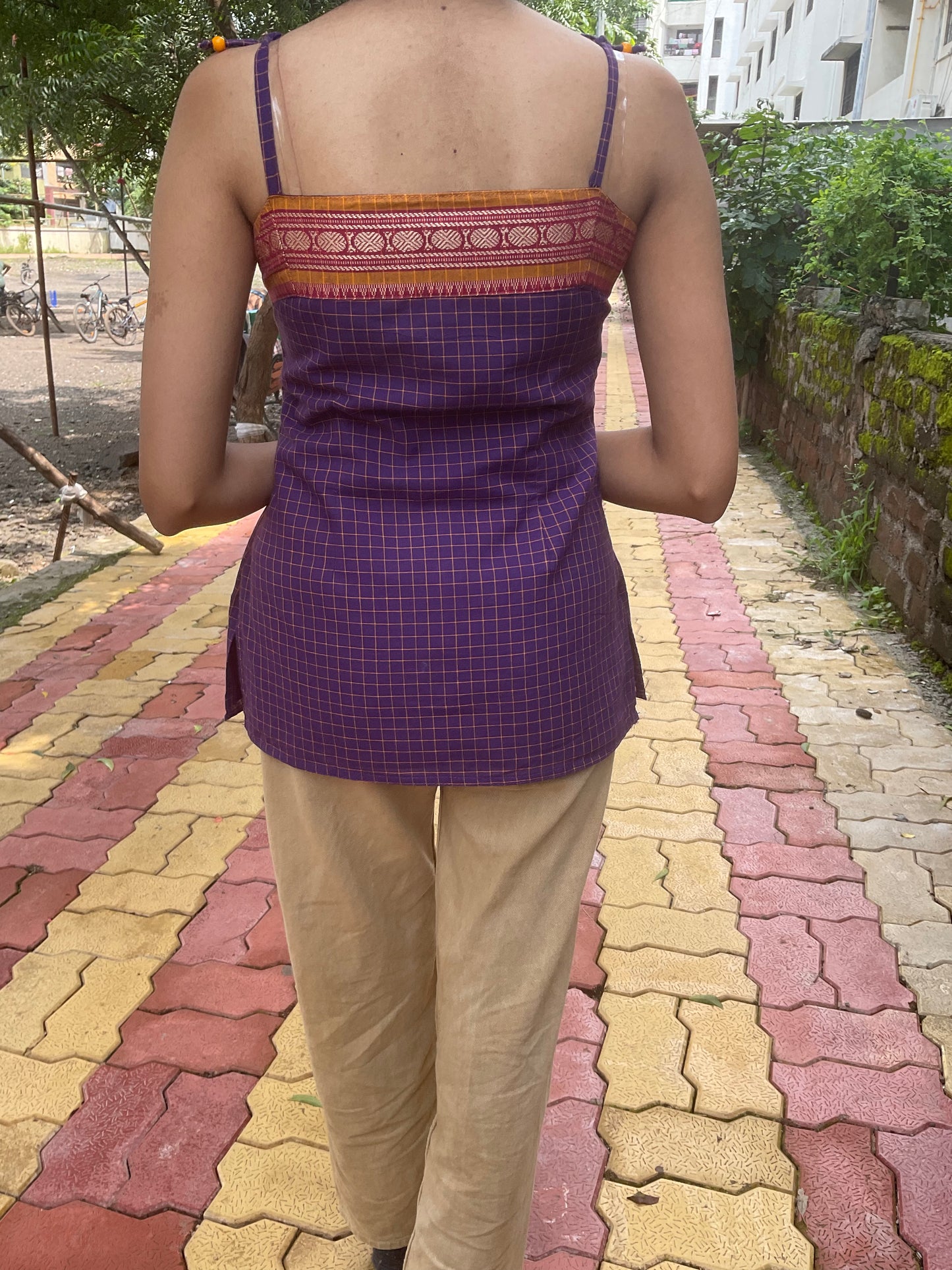 Handwoven Purple Checked Top with Ethnic Border Detailing