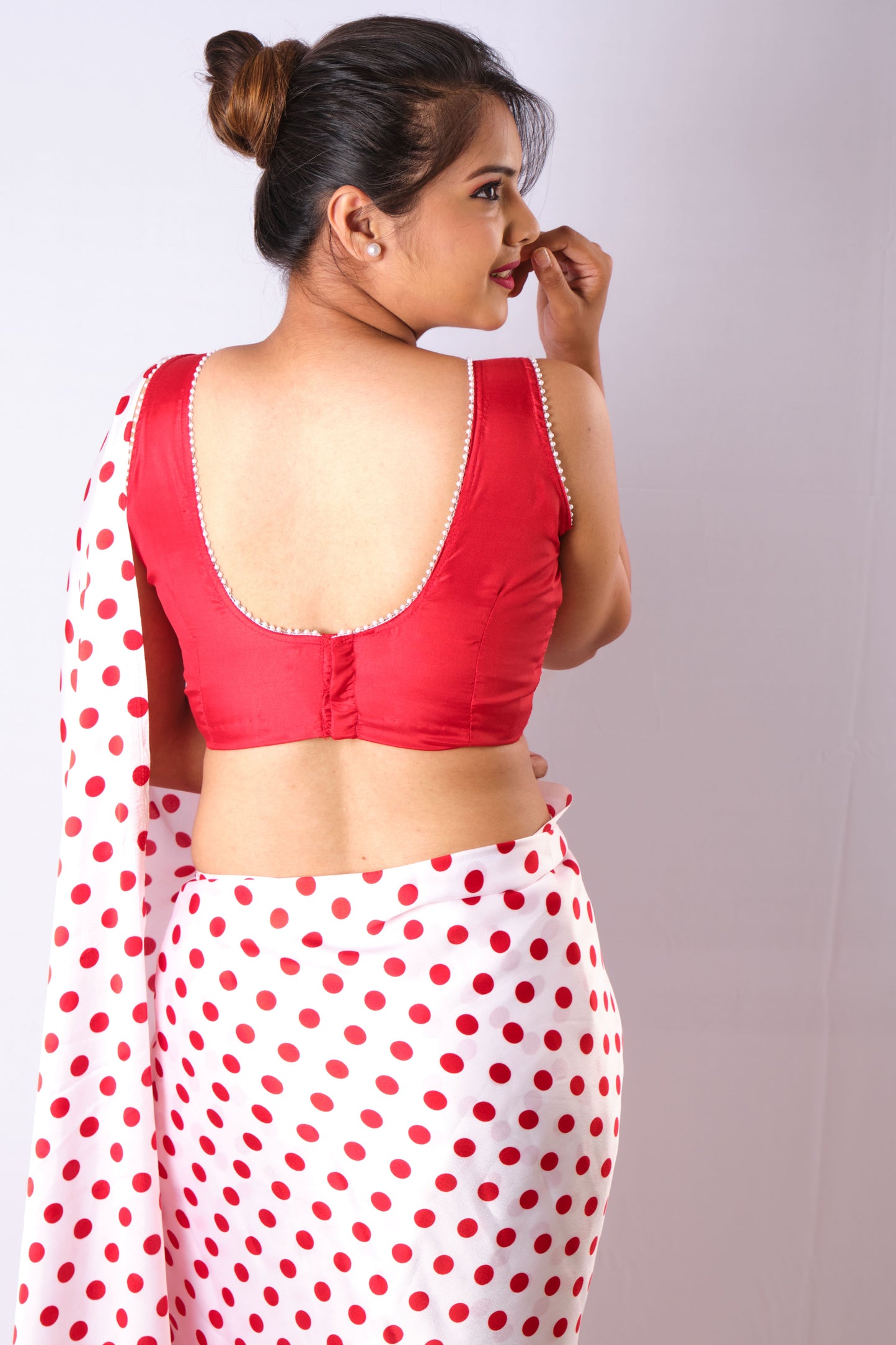 Polka Dot Satin Saree - Retro Bobby Print in Red with White Dots