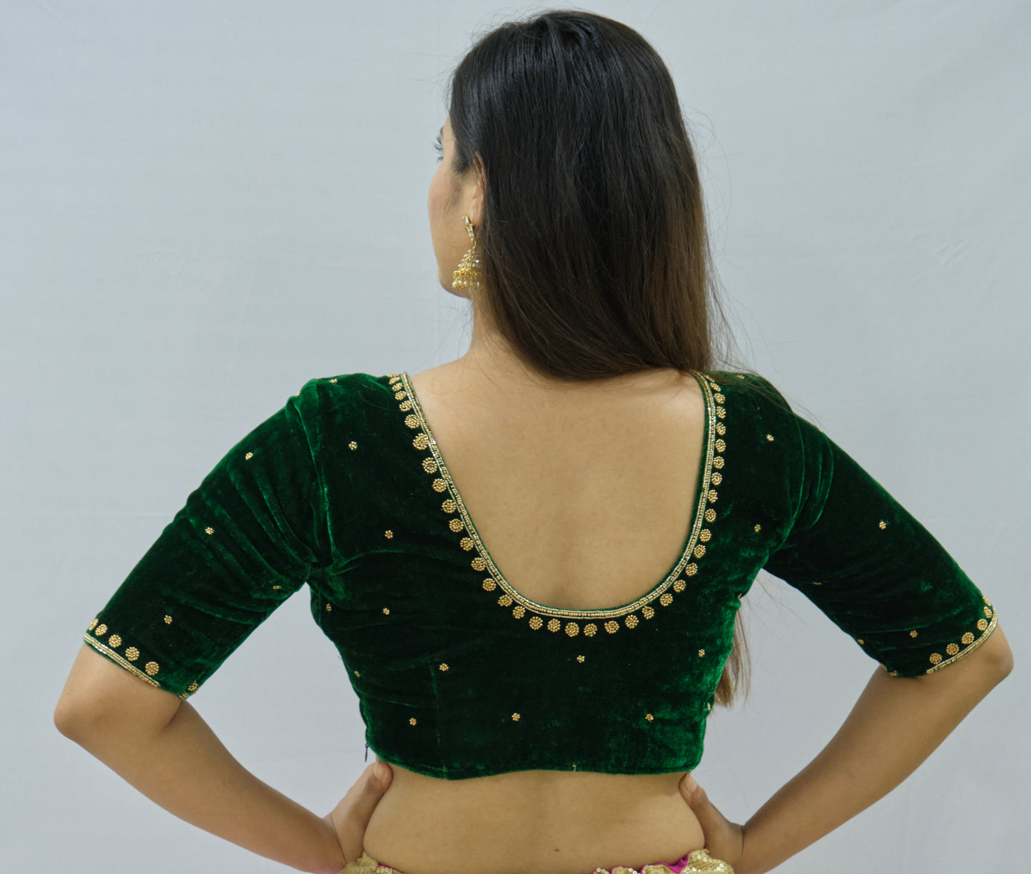 Velvet Blouse with Zardozi Ariwork Hand Embroidery β Green Saree Blouse
