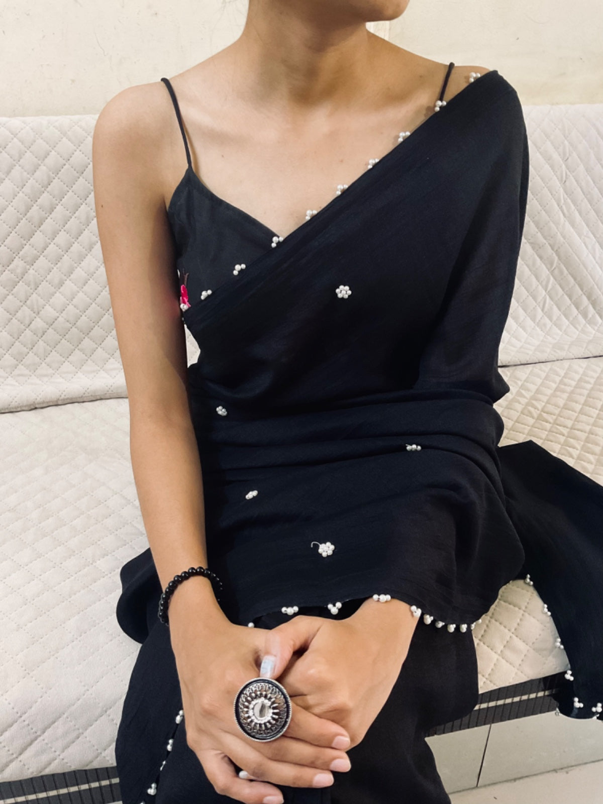 Timeless Elegance – Black Chiffon Saree with Pearl Motifs