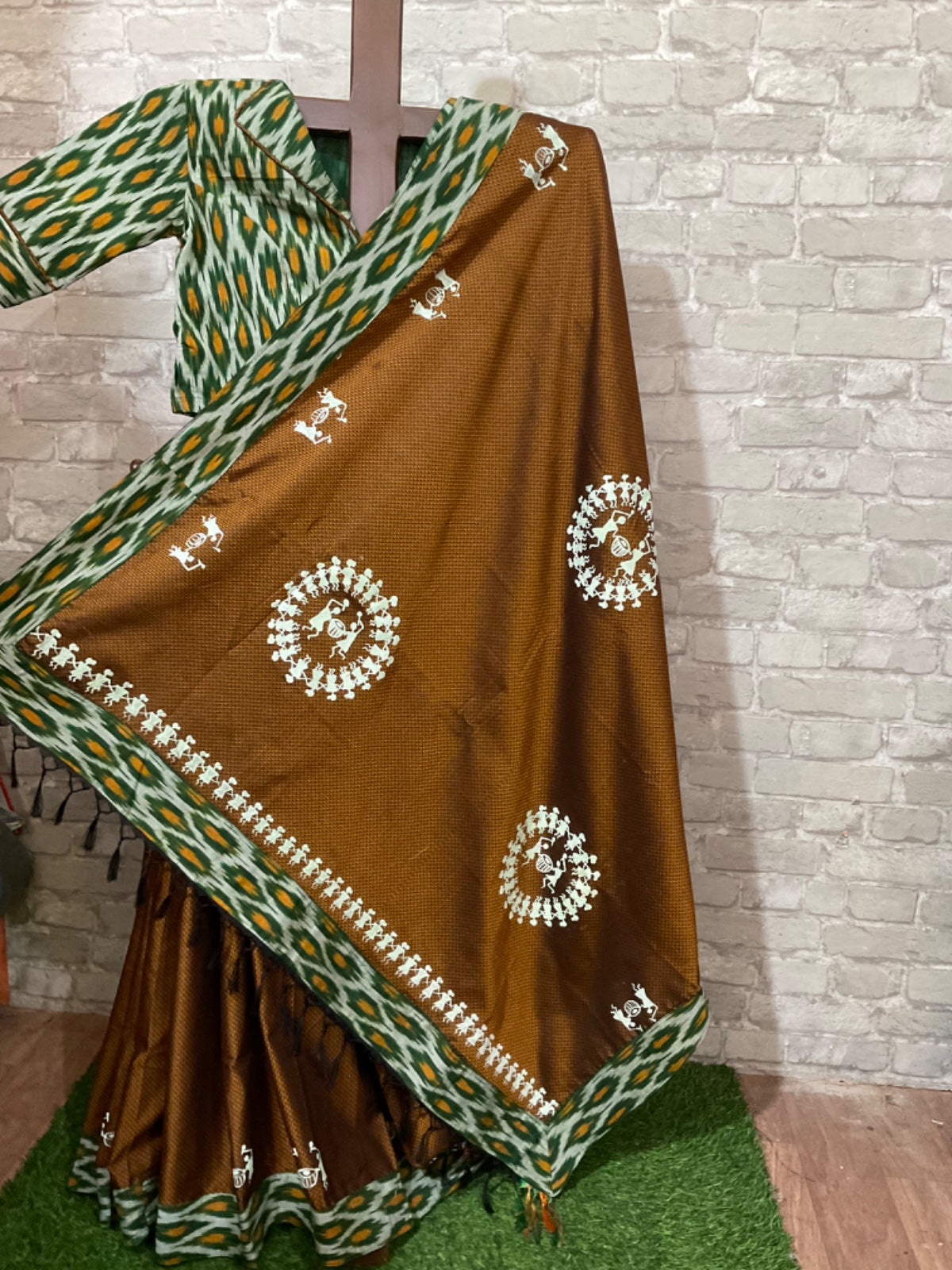 Aahilya – Mustard Khann Saree with Warli Motifs & Ikkat Blouse