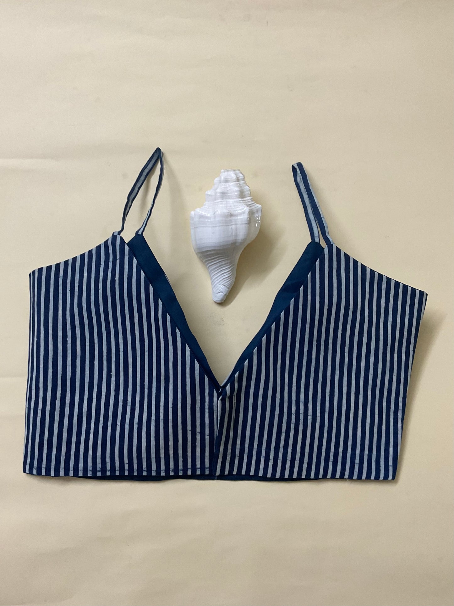 Indigo Striped Cotton Bralette Blouse with Back Opening