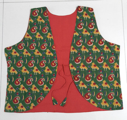 Dual Mode Reversible Cotton Jacket in Red and Green Ikat