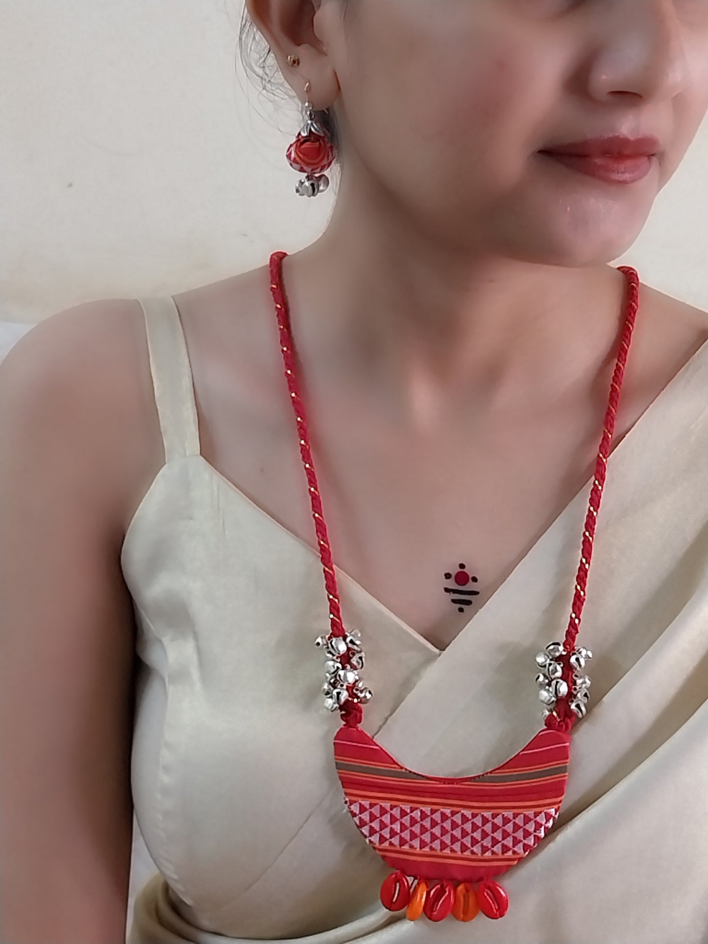 Handmade Ethnic Macrame Necklace – Red with Ghungroo & Khaan Fabric Pendant