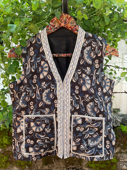 Kalamkari patchwork  blue hand embroidery vest