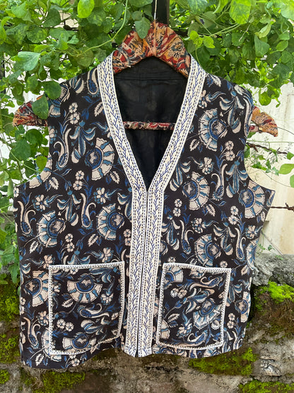 Kalamkari patchwork  blue hand embroidery vest