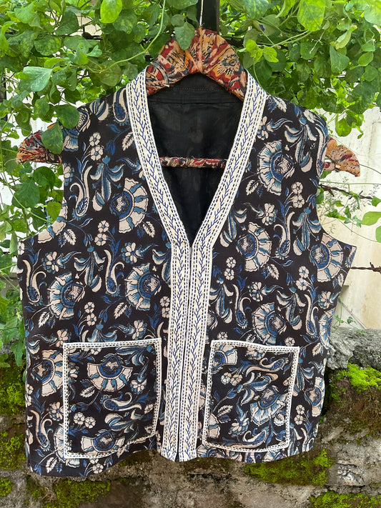 Kalamkari patchwork  blue hand embroidery vest