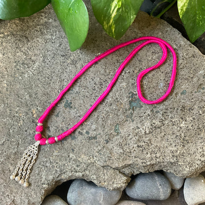 Rani Pink Handcrafted Thread Necklace with Oxidised Silver Tassel