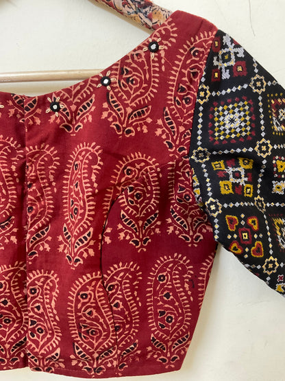 Dipika – Black Handloom Cotton Ethnic Blouse with Kalamkari & Mirror Work