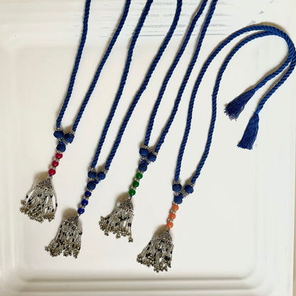 blue cotton macramé jhumka pendent necklace