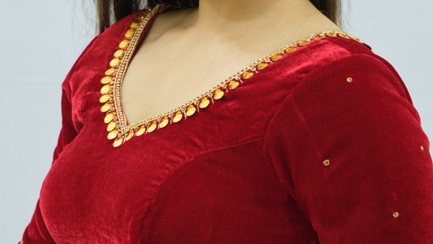 Polka Velvet Blouse with Zardozi Ariwork Hand Embroidery – Red Saree Blouse