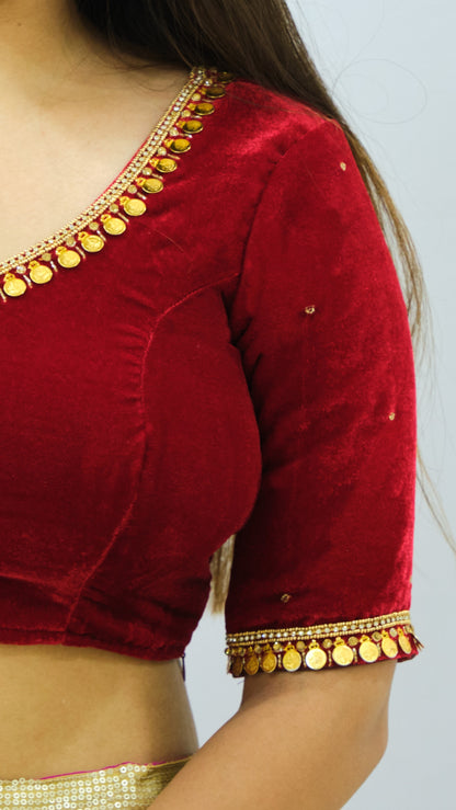 Polka Velvet Blouse with Zardozi Ariwork Hand Embroidery – Red Saree Blouse