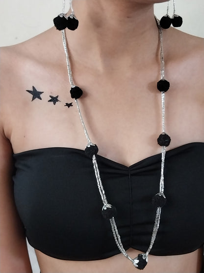 Silver Cutdana Long Necklace with Black Pom-Pom Earrings