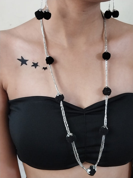 Silver Cutdana Long Necklace with Black Pom-Pom Earrings