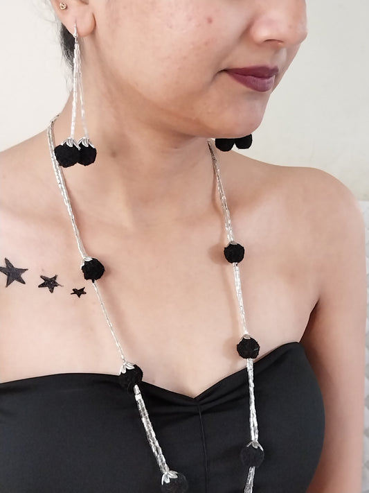Silver Cutdana Long Necklace with Black Pom-Pom Earrings