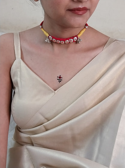 Handmade Thread Choker – Black & Red with Silver Beads, Ghungroo & Macrame Work