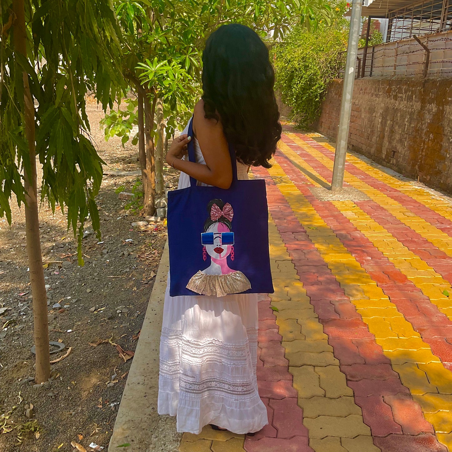 Bow & shades-Blue Hand-Painted Tote Bag with Zipper & Inner Pocket