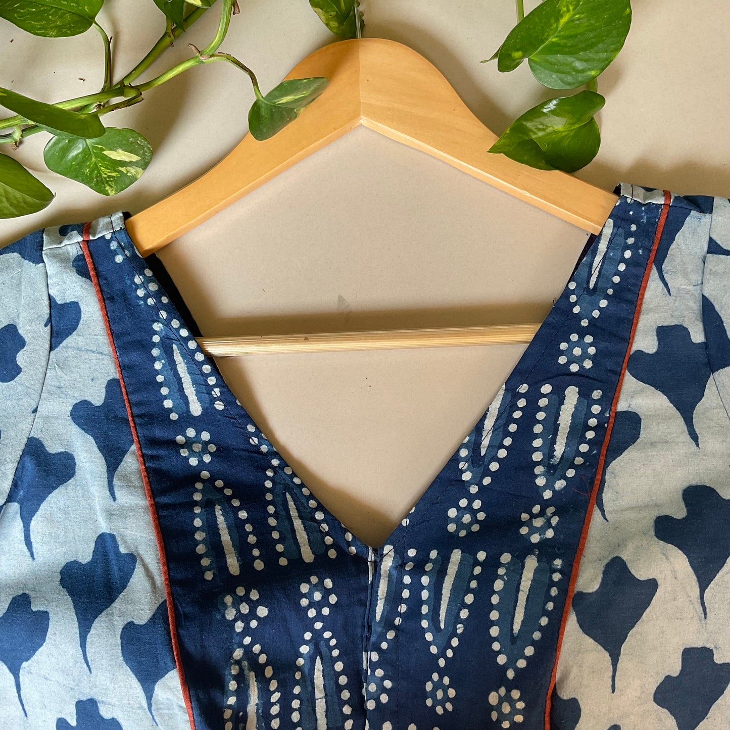 Neelraga – Indigo Cotton V-Neck Blouse with Batik Print
