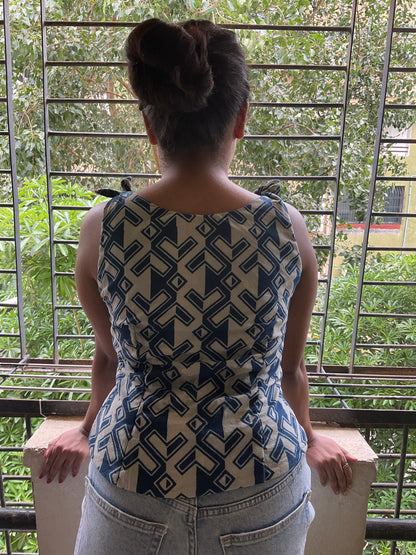 Bella- hand embroidered shoulder tie-up indigo vest