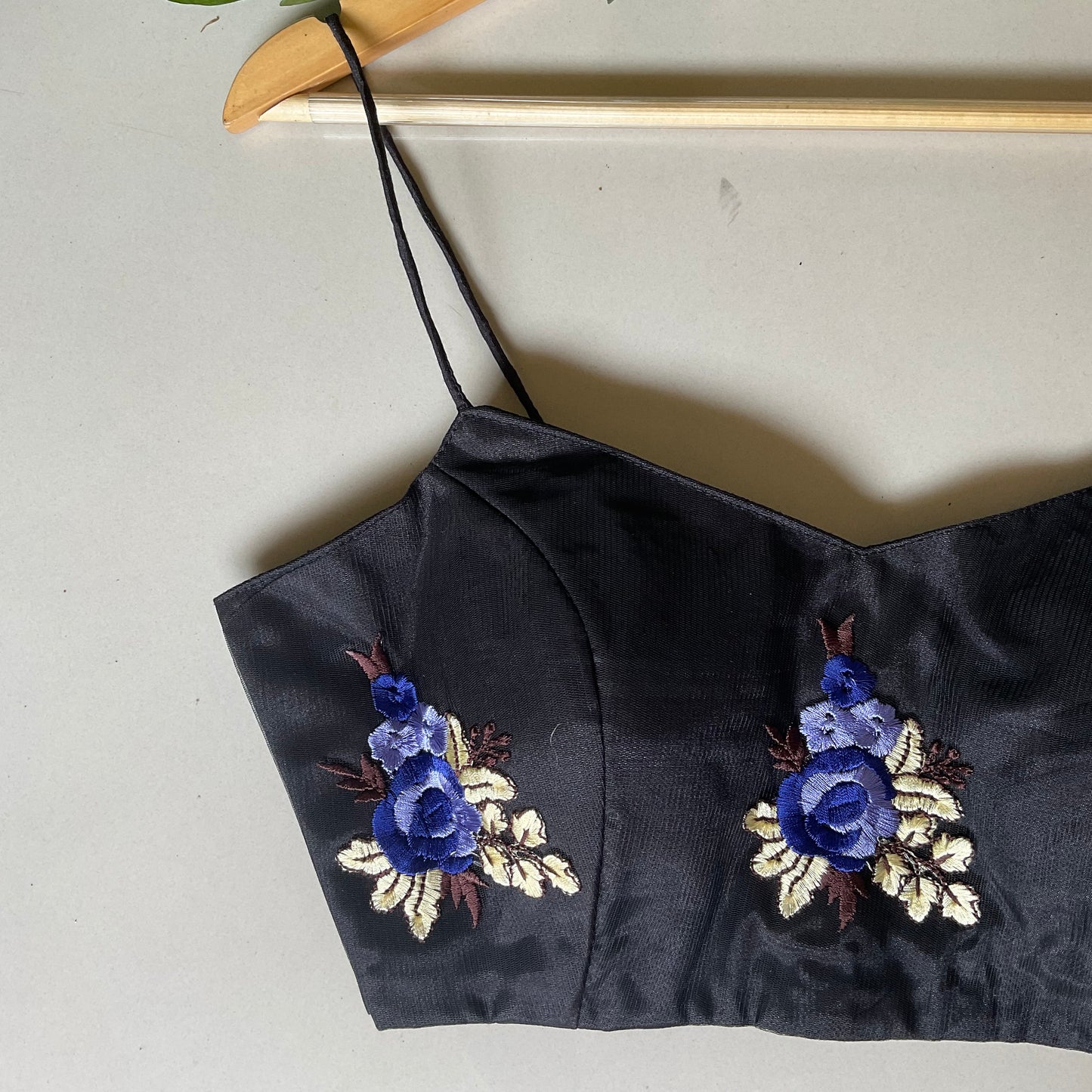 YADNYEE – Black Embroidered Net Spaghetti Blouse