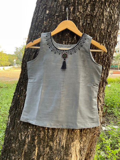 Juhi Hand-Embroidered Cotton Silk Top with Mirror & Tassel Detailing