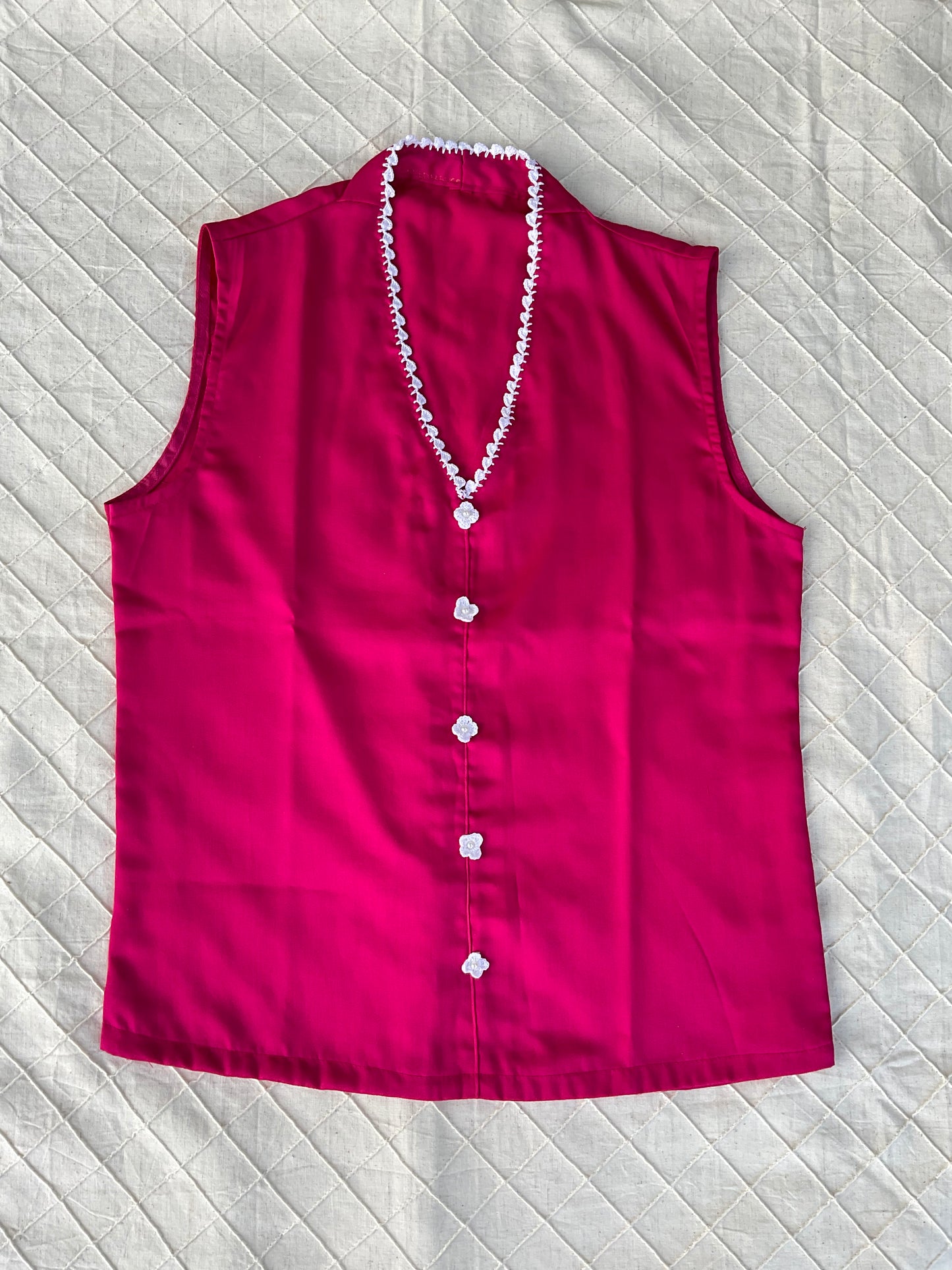 Pink Crochet-Front Silk Cotton Sleeveless Top
