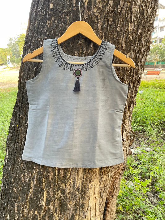 Juhi Hand-Embroidered Cotton Silk Top with Mirror & Tassel Detailing