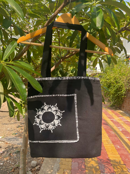 Mandala muse tote-black handpainted mandala art tote