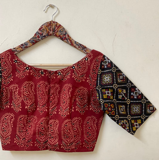 Dipika – Black Handloom Cotton Ethnic Blouse with Kalamkari & Mirror Work