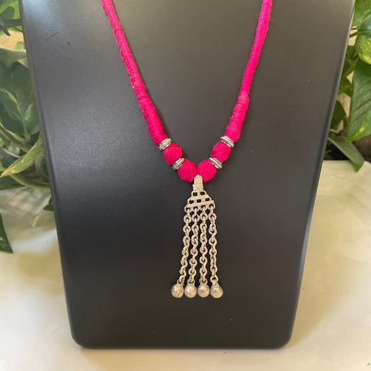 Rani Pink Handcrafted Thread Necklace with Oxidised Silver Tassel