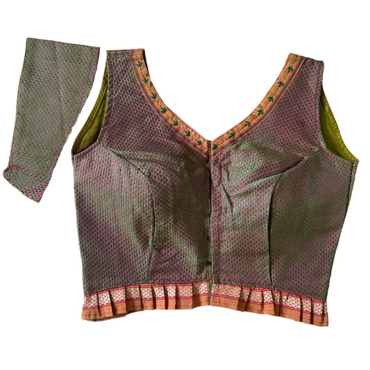 SLEEVELESS KHANN BLOUSE WITH THREADWORK & FRILL (ATTACHABLE SLEEVES)