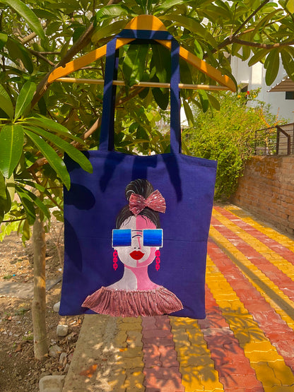 Bow & shades-Blue Hand-Painted Tote Bag with Zipper & Inner Pocket