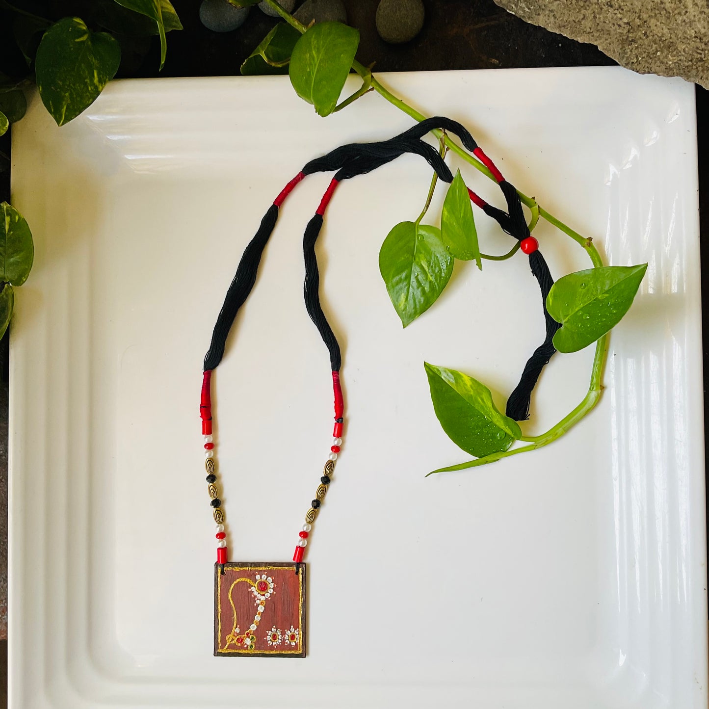 Hand-Painted Wooden Pendant Long Necklace