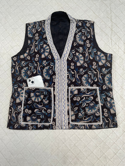 Kalamkari patchwork  blue hand embroidery vest