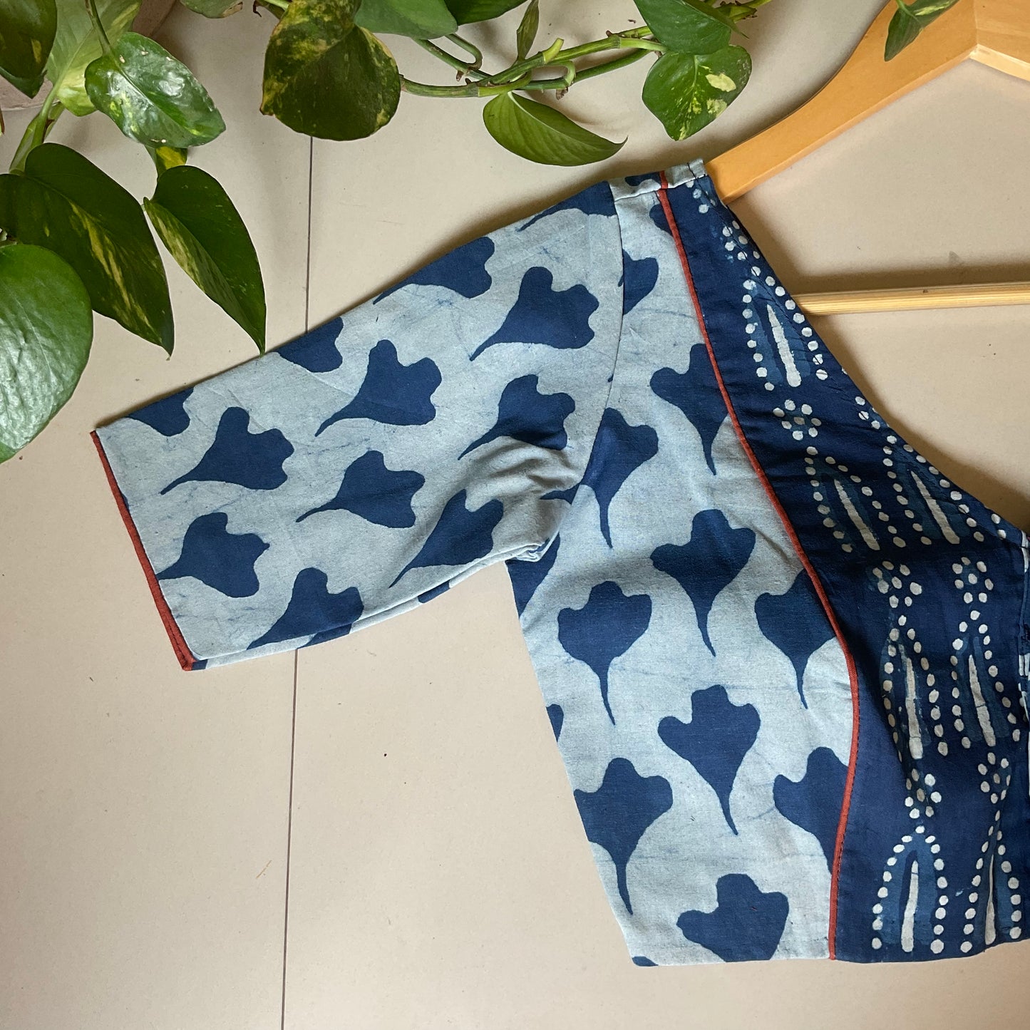 Neelraga – Indigo Cotton V-Neck Blouse with Batik Print