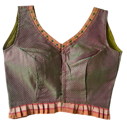 SLEEVELESS KHANN BLOUSE WITH THREADWORK & FRILL (ATTACHABLE SLEEVES)