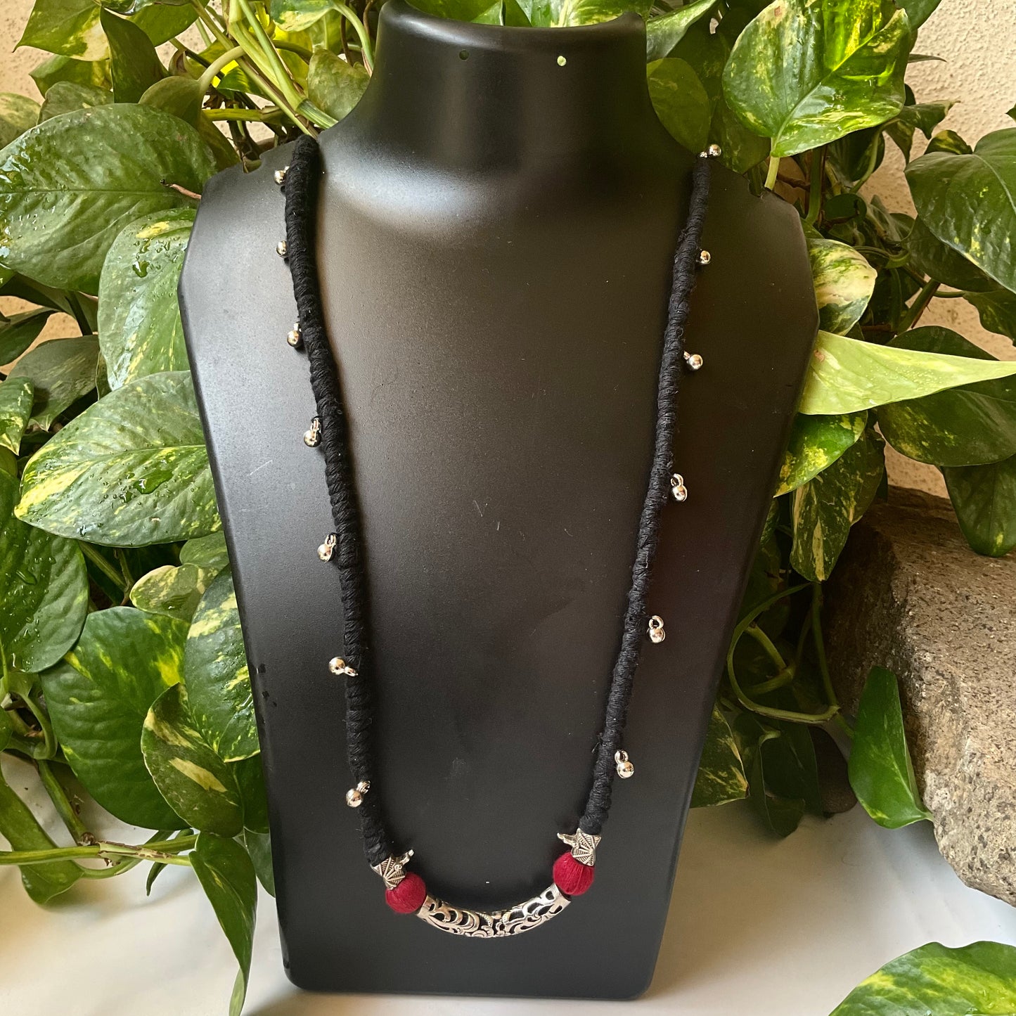 Handmade Ethnic Necklace – Red & Black with Silver Beads, Ghungroo & Macrame Pendant