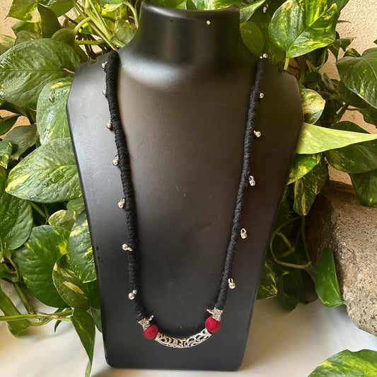 Varnika – Ethnic Handwoven Macrame Necklace with Oxidized Silver Pendant & Vibrant Latkan Beads