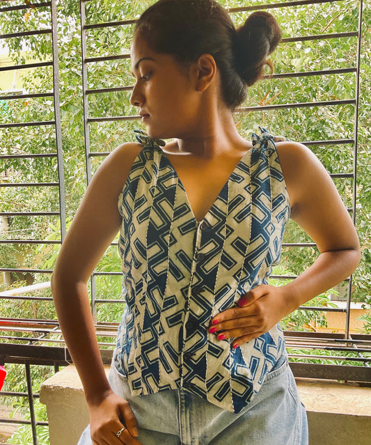 Bella- hand embroidered shoulder tie-up indigo vest