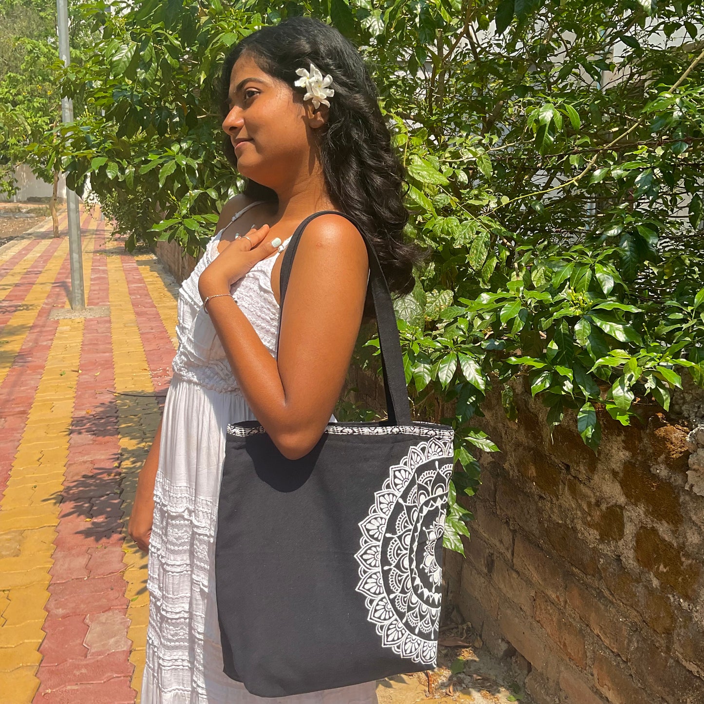 Mandala muse tote-black handpainted mandala art tote