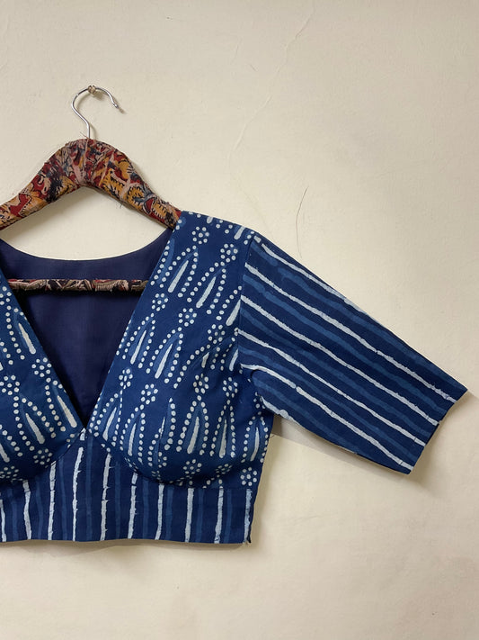 Sanchi Indigo V-Neck Cotton Handloom Blouse – Striped & Floral Print, Padded, Elbow Sleeves