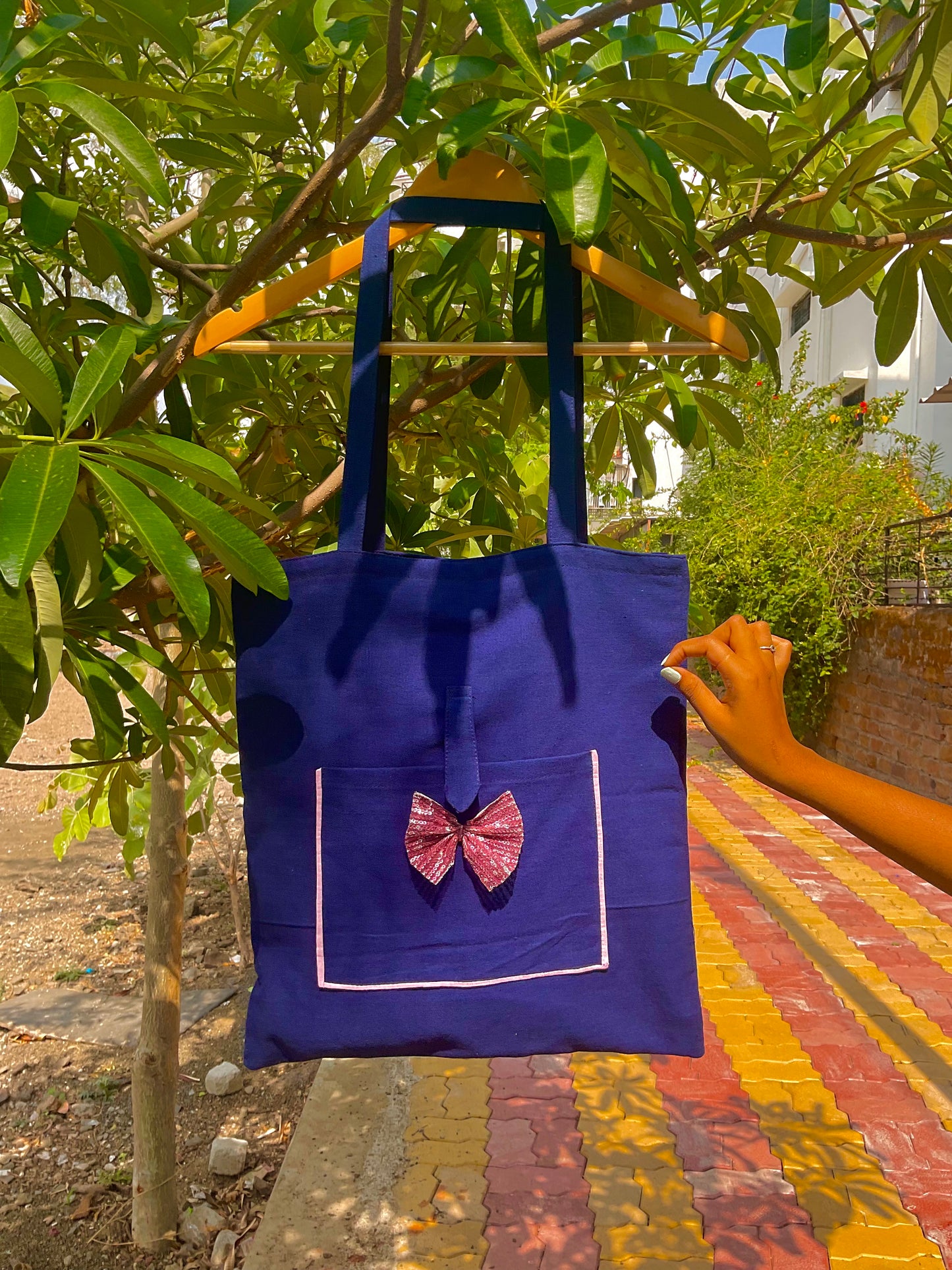 Bow & shades-Blue Hand-Painted Tote Bag with Zipper & Inner Pocket