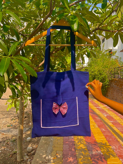 Bow & shades-Blue Hand-Painted Tote Bag with Zipper & Inner Pocket