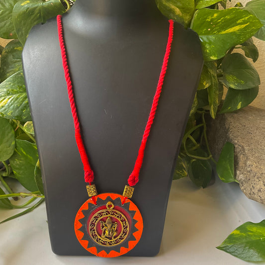 red micrame necklace with wooden ganesh pendent