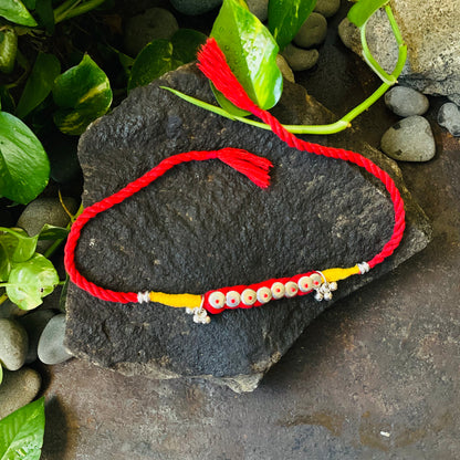 Handmade Thread Choker – Black & Red with Silver Beads, Ghungroo & Macrame Work