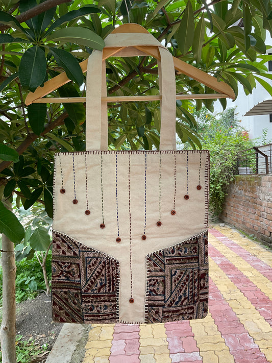 Handcrafted Kalamkari Tote Bag with Embroidered Detailing